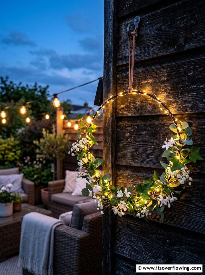 Solar fairy light floral hoop - 25 garden decor ideas with floral hoops