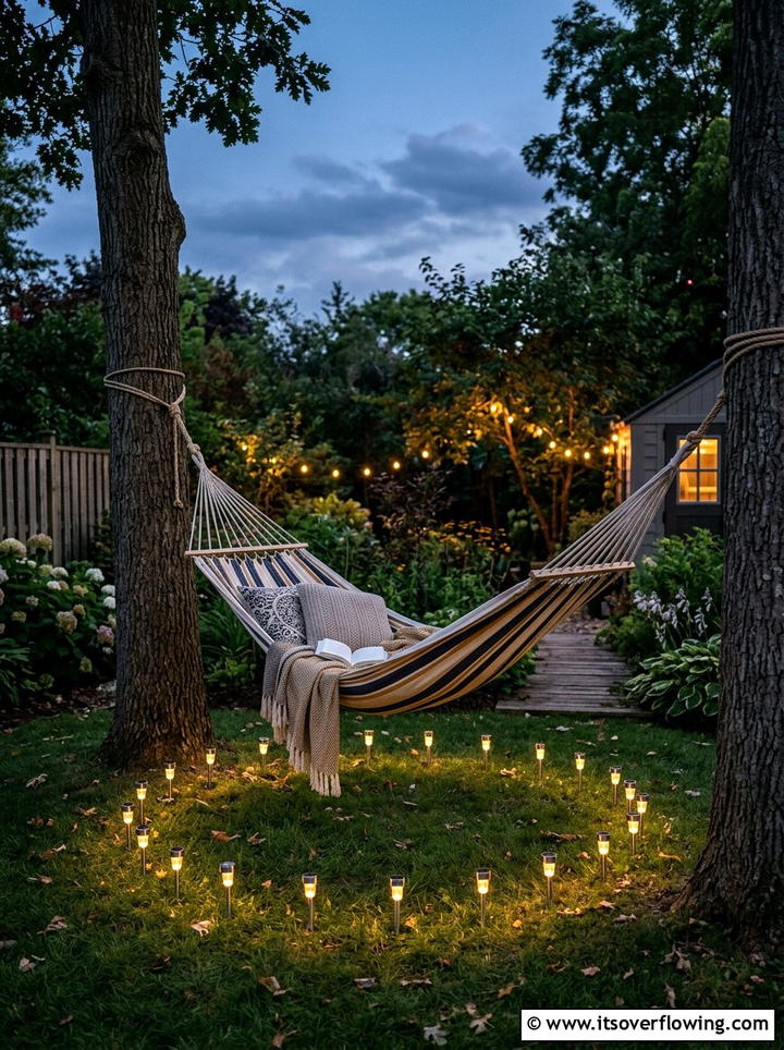 Solar hammock area glow - 25 backyard decorating ideas with solar stake lights