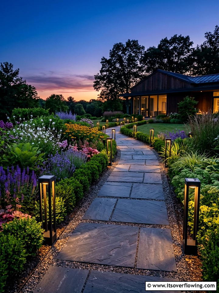 Solar lanterns along pathway - 25 garden decor ideas with lanterns