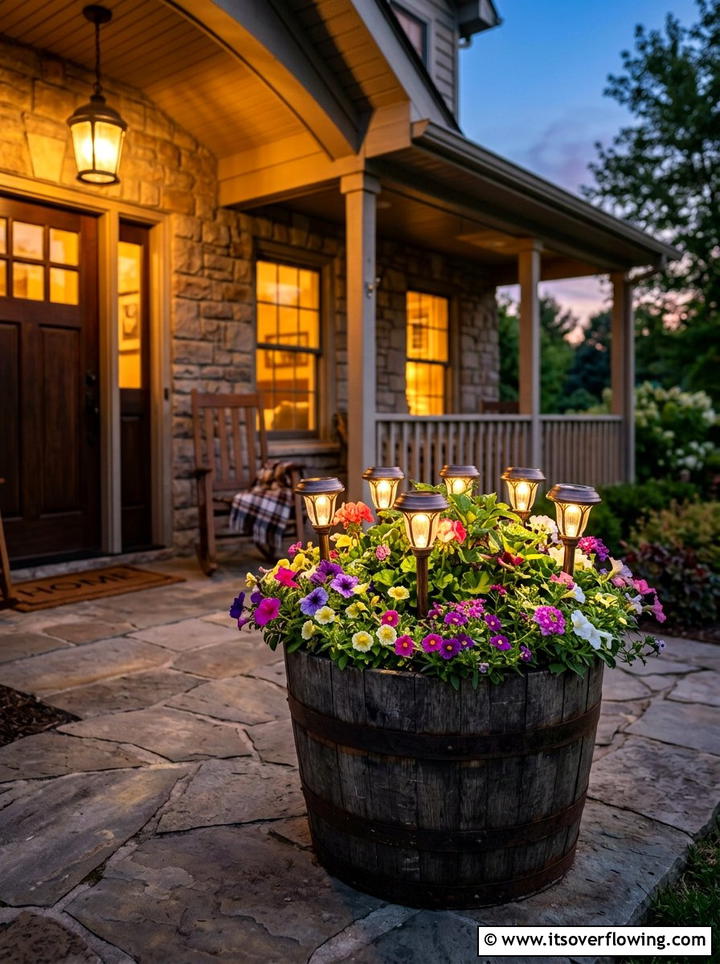 Solar light barrel planter - 25 front porch ideas with barrel planters