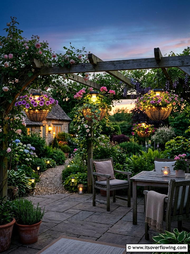Solar light hanging baskets evening garden - 25 cheap garden ideas with hanging baskets
