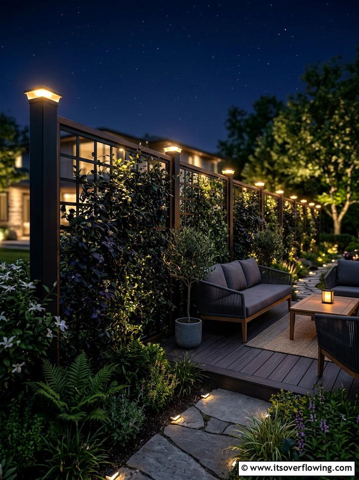 Solar light trellis fence - 25 backyard ideas with trellis fence