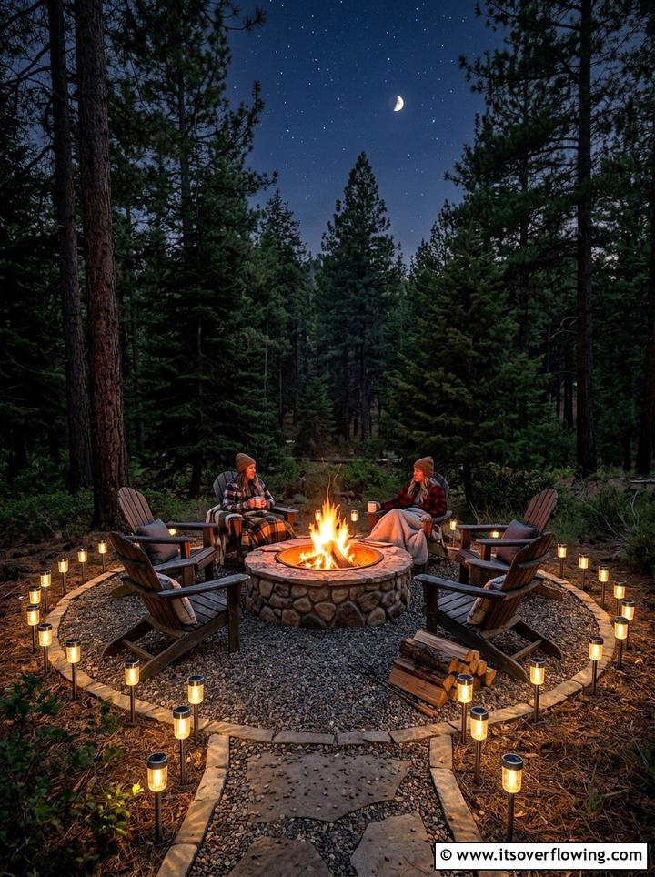 Solar lights around fire pit - 25 backyard decorating ideas with solar stake lights