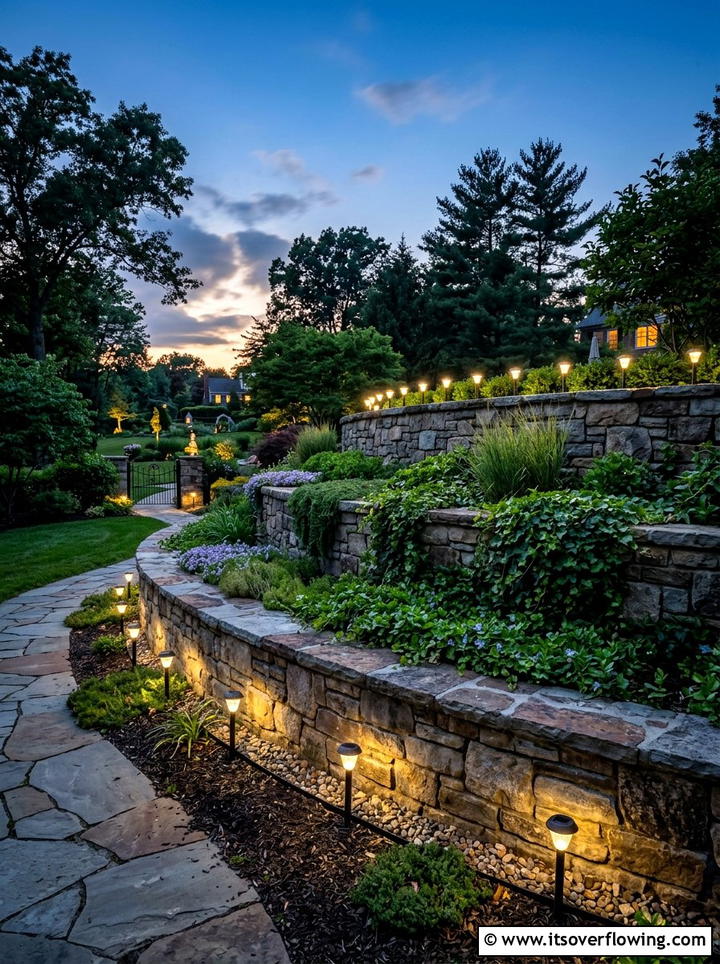 Solar lights for retaining wall - 25 backyard decorating ideas with solar stake lights
