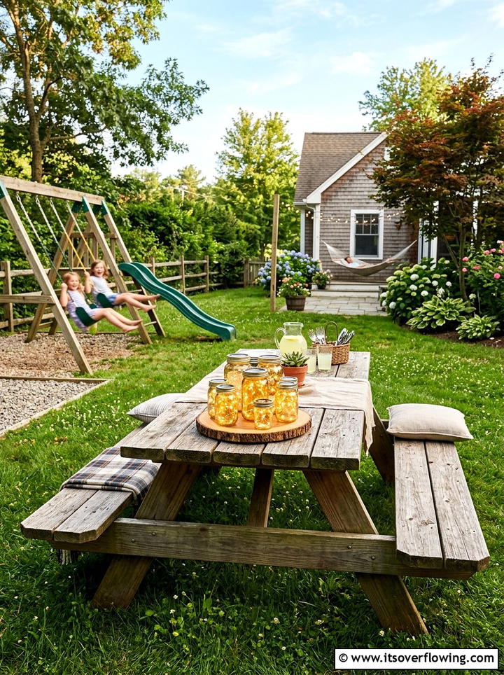 Solar mason jar lanterns on picnic table - 25 garden decor ideas with lanterns