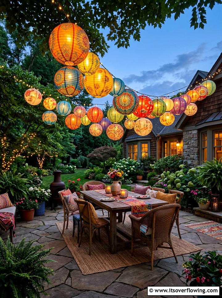 Solar paper lanterns - 25 backyard decorating ideas with hanging lights