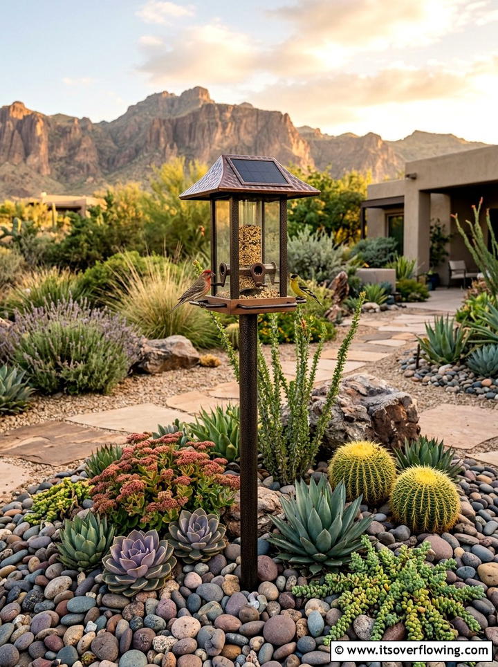Solar powered bird feeder in rock garden - 25 garden ideas with bird feeders