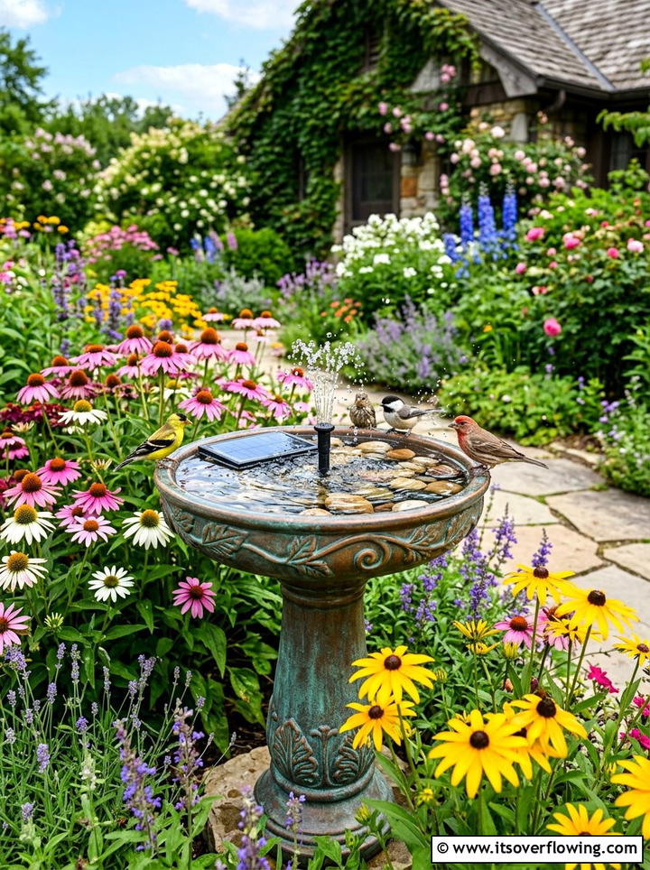 Solar powered birdbath fountain - 25 garden ideas with fountain