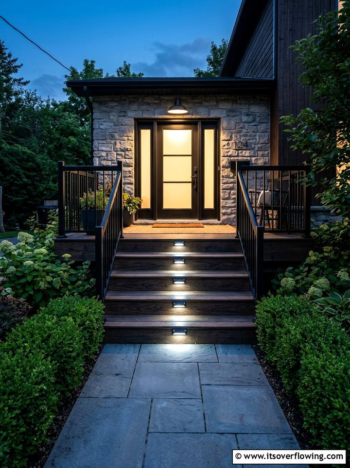Solar powered step light - 25 front porch decor ideas with layered lighting