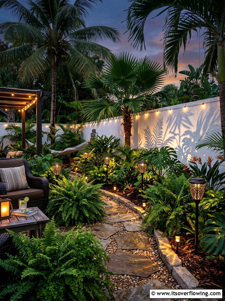 Solar tropical garden lighting - 25 backyard decorating ideas with solar stake lights