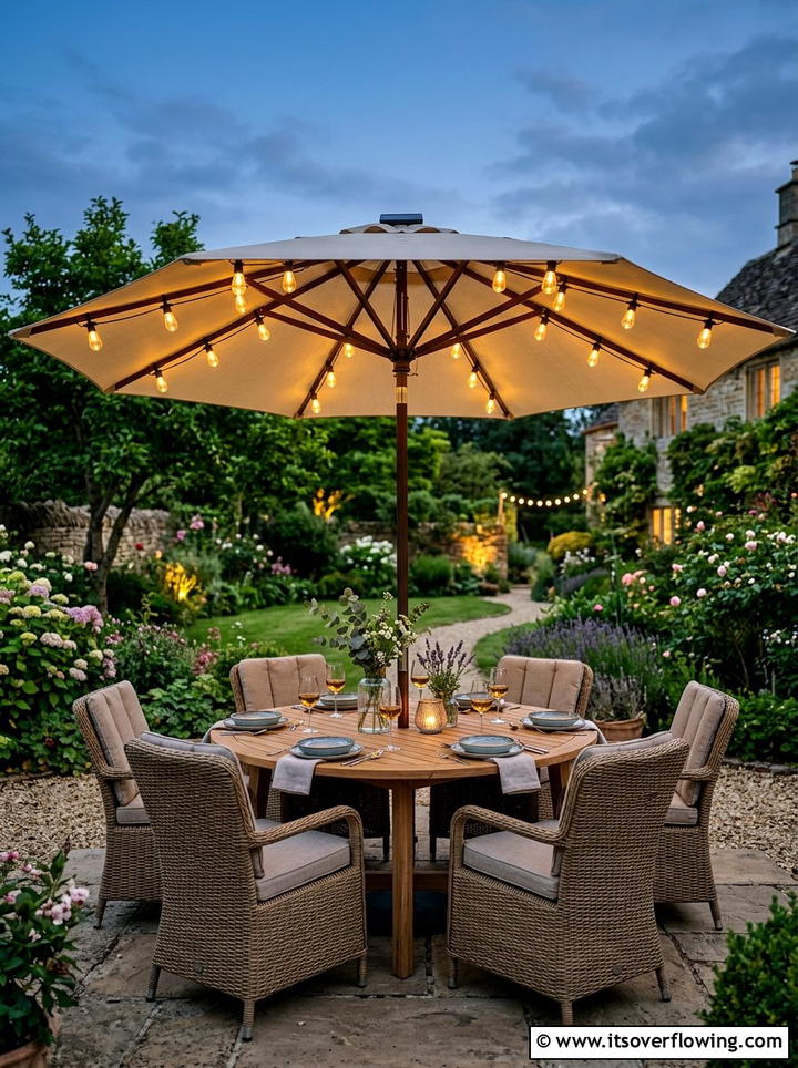 Solar umbrella lights for outdoor dining - 25 garden ideas with solar lights