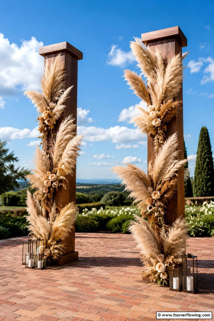 Sophisticated Pampas Pillar Decor - 30 Pampas Grass Wedding Decor Ideas for Boho Chic Vibes