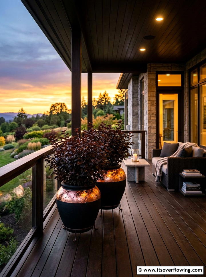 Sophisticated porch with copper leaf pots - 25 creative garden ideas with painted planters