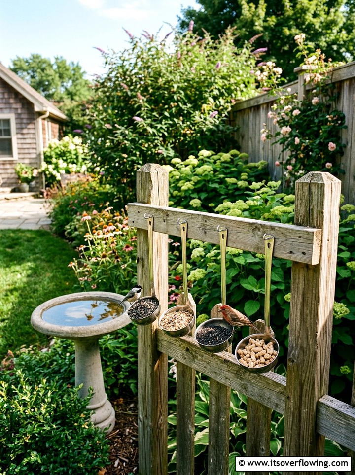 Soup Ladle Bird Feeder - 25 recycled garden ideas with old kitchenware