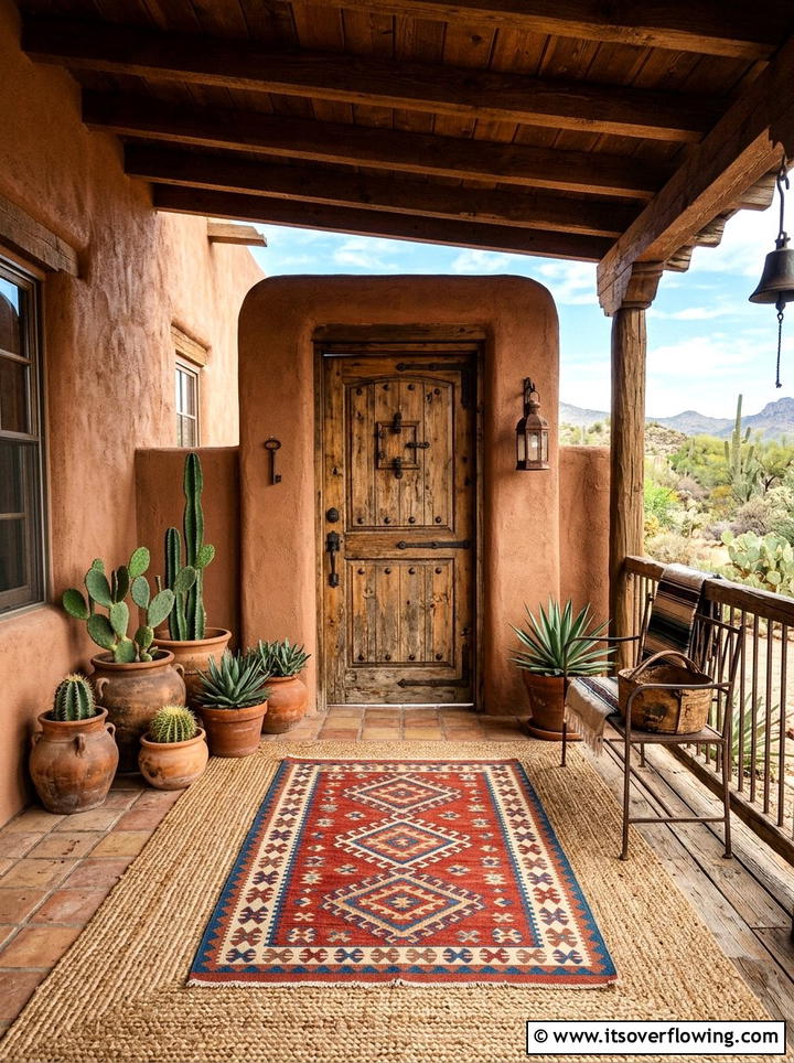 Southwestern style rug with natural fiber mat - 25 front porch decor ideas with layered mats