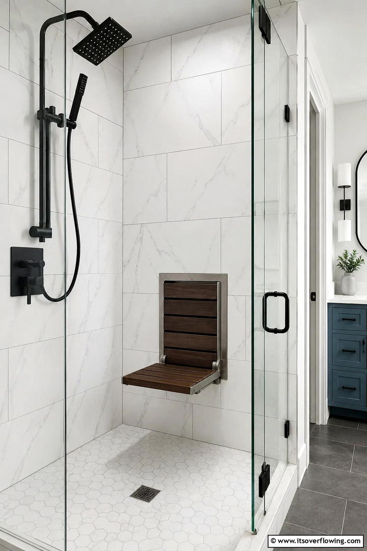 Space Saving Retractable Bench - 30 Shower Bench Ideas for Functional Bathroom Designs