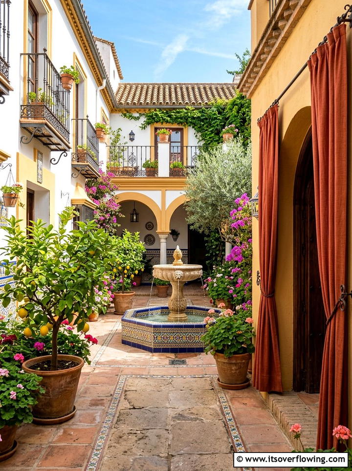 Spanish style courtyard with terracotta curtains - 25 backyard decorating ideas with outdoor curtains