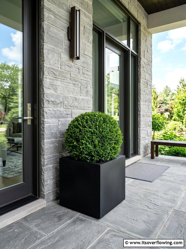 Sphere topiary in black planters - 25 front porch ideas with topiaries