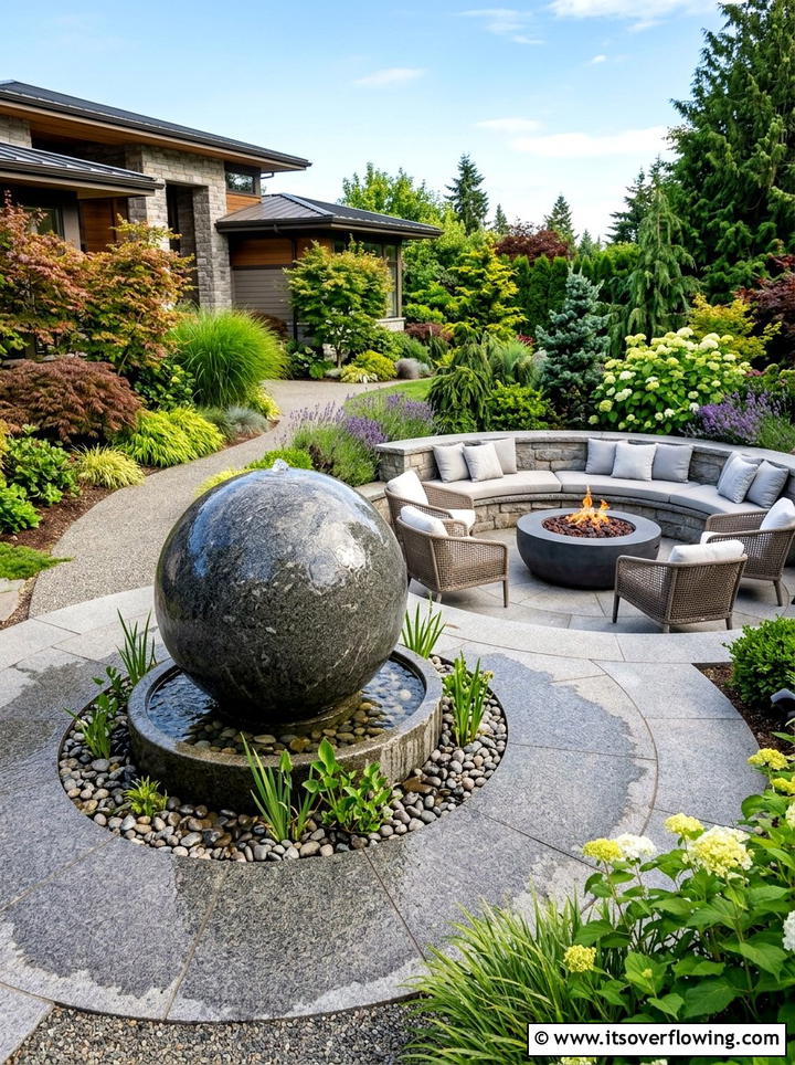 Spherical granite fountain - 25 garden decor ideas with tabletop fountains