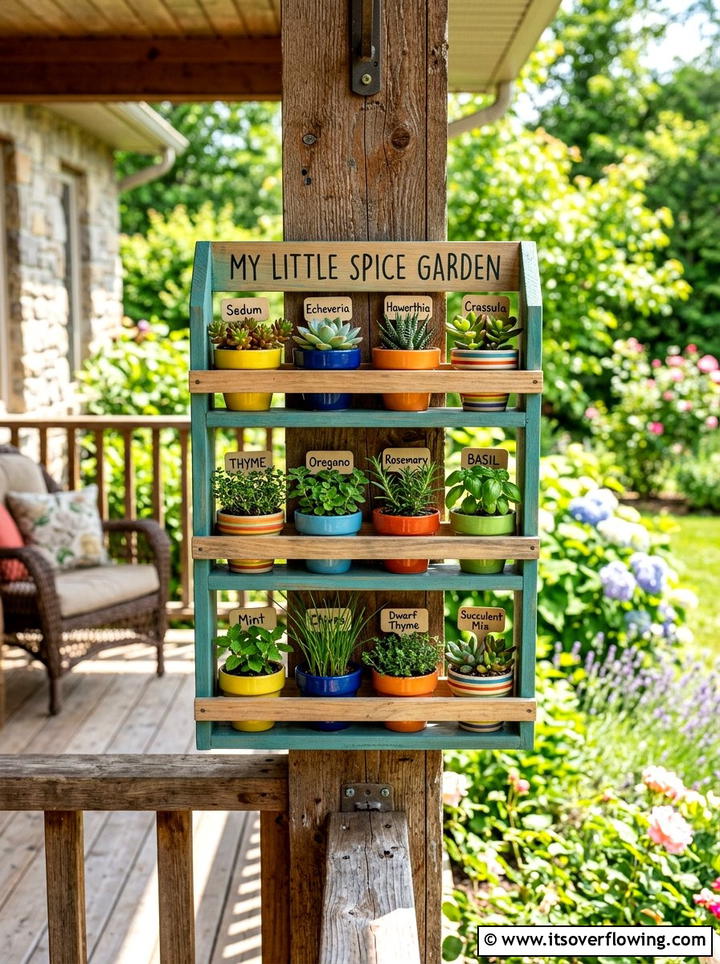 Spice rack planter - 25 recycled garden ideas with old shelves