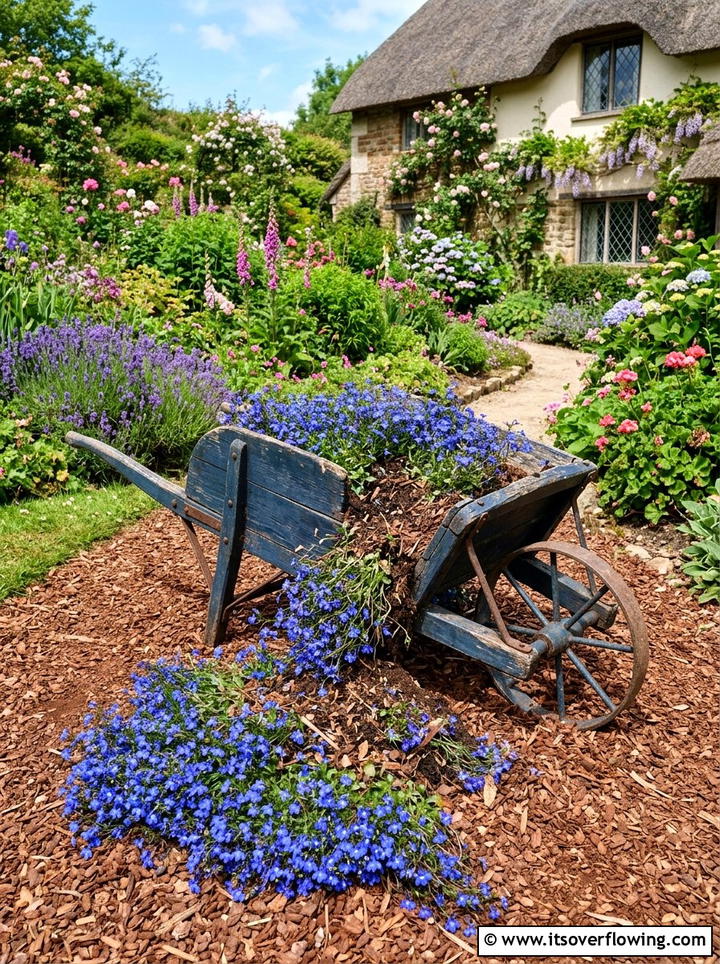 Spilled Flower Garden Display - 25 garden decor ideas with wheelbarrows