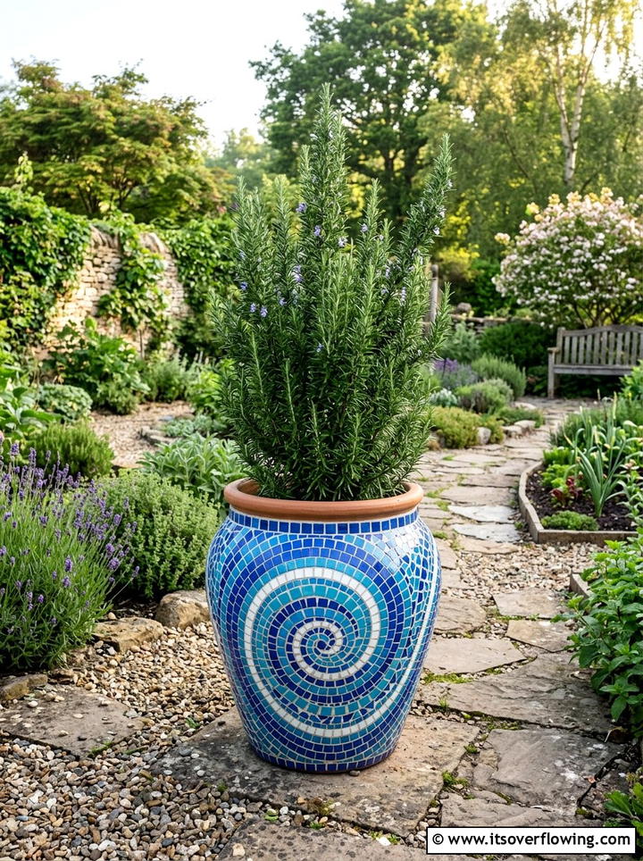 Spiral Mosaic Herb Garden - 25 creative garden ideas with mosaic planters