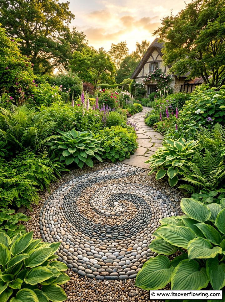 Spiral pebble path - 25 garden ideas with pebble mosaics