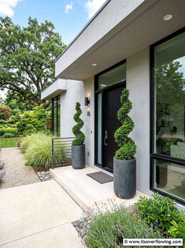 Spiral topiary plants in black planters - 25 front porch decor ideas with topiaries
