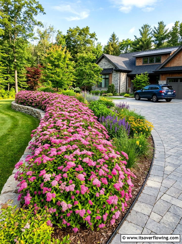 Spirea Mass Planting - 25 garden design ideas with low maintenance shrubs