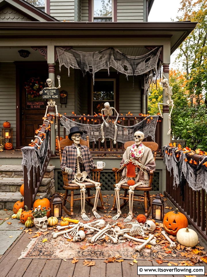 Spooky Skeleton Porch - 25 front porch decor ideas for halloween