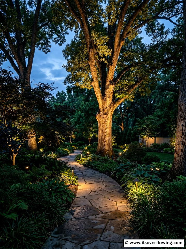Spotlight accenting for specimen trees - 25 garden decor ideas with pathway lighting