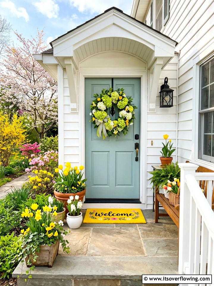 Spring Front Door Setup - 25 front porch decor ideas with hydrangea wreath