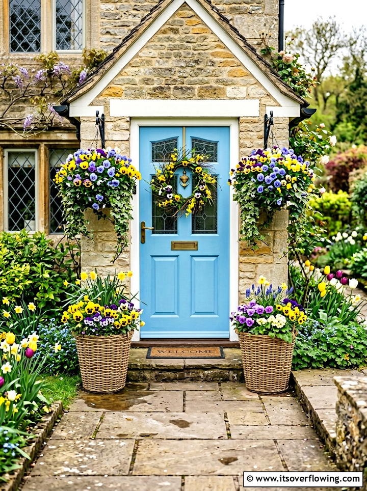 Spring Pansy Entrance Flower Pots - 25 garden decor ideas with hanging baskets