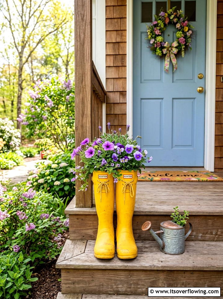 Spring Rain Boot Planter - 25 front porch decor ideas for easter