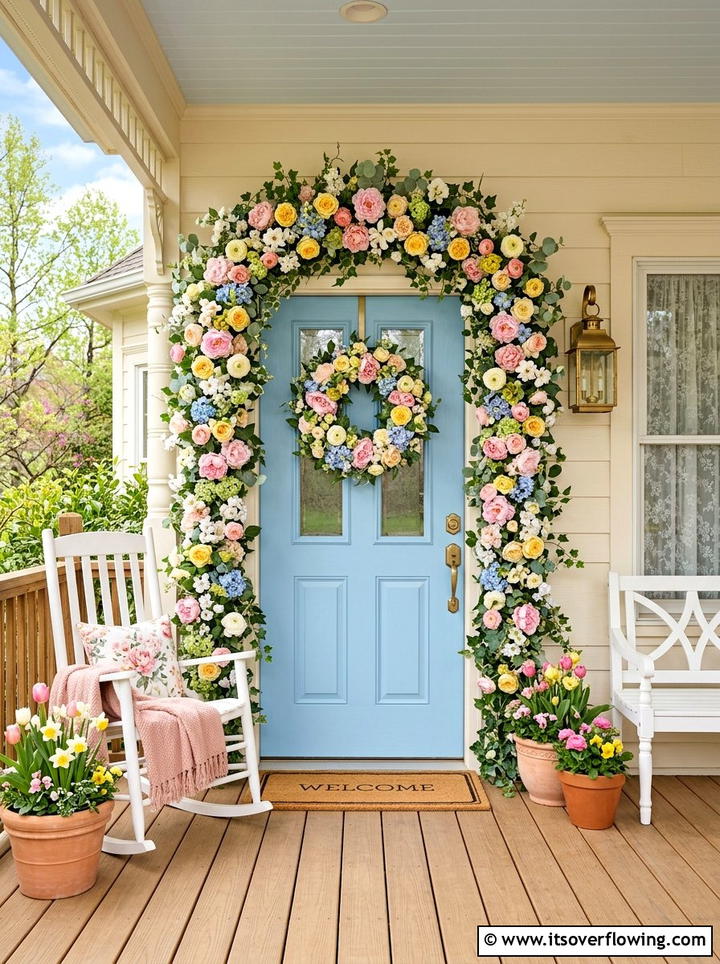 Spring floral porch entrance - 25 front porch ideas with door garland