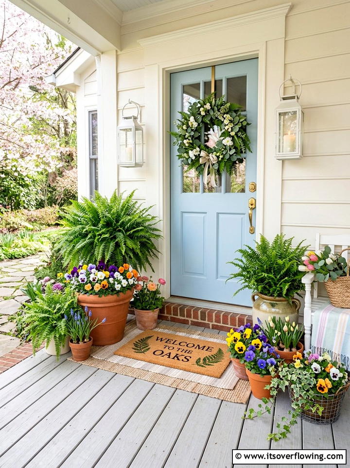 Spring porch greenery - 25 front porch ideas with personalized mat
