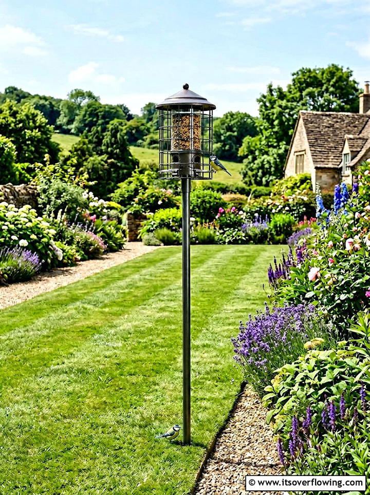 Squirrel proof bird feeder on metal pole - 25 garden ideas with bird feeders