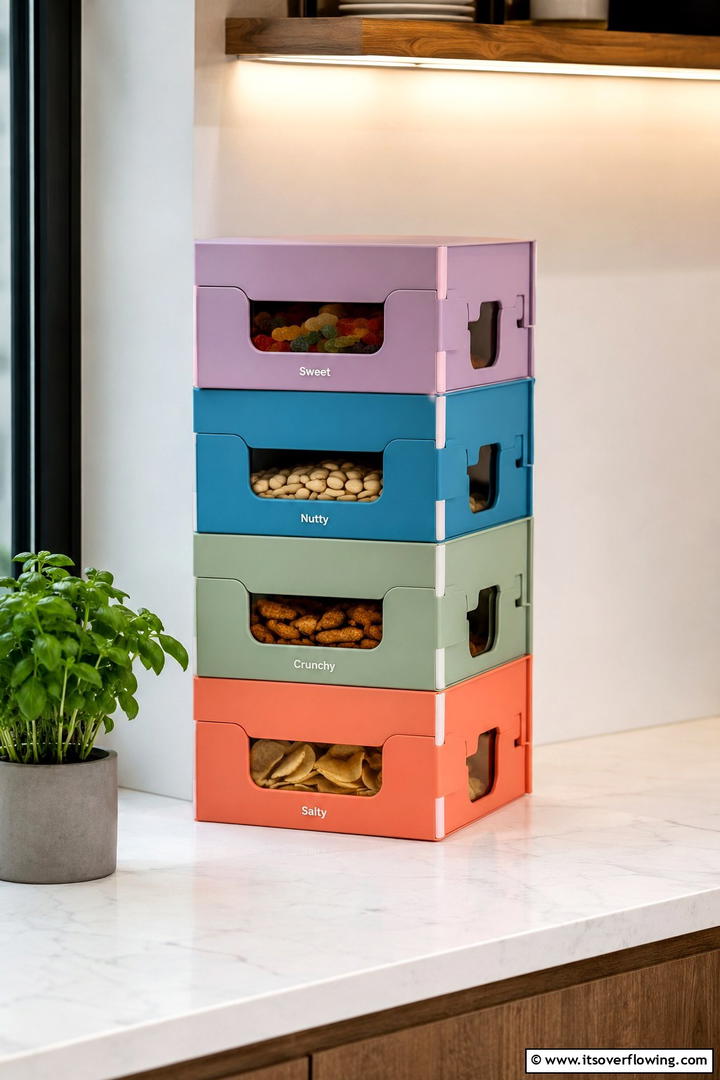 Stackable Snack Boxes - 30 Snack Storage Ideas for Organized Kitchen Pantries