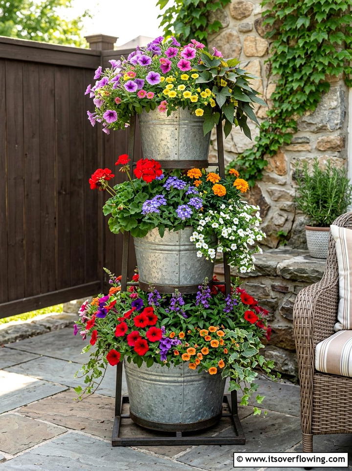 Stacked Bucket Planter For Small Spaces - 25 recycled garden ideas with buckets