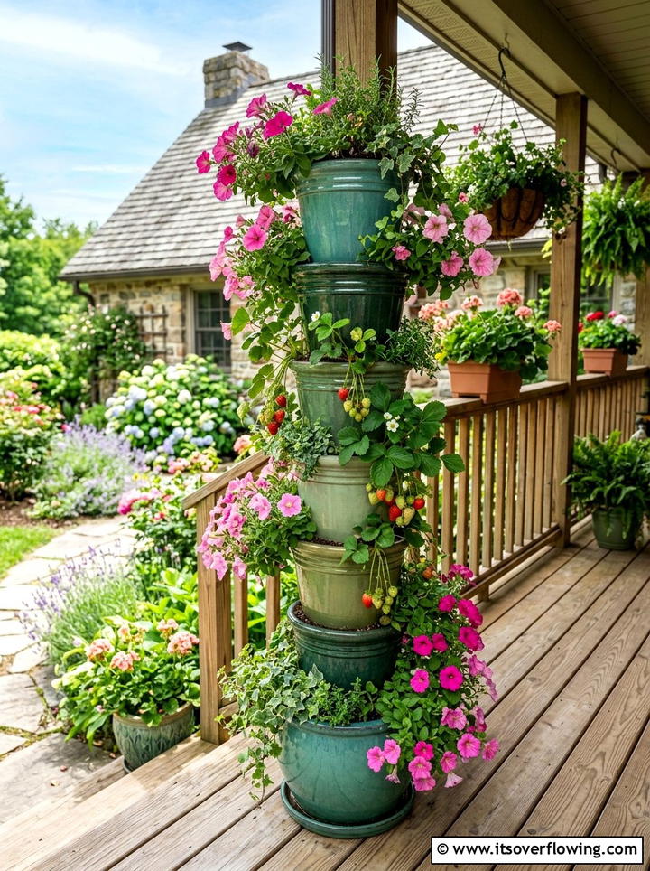 Stacked Ceramic Pot Tower - 25 front porch ideas with ceramic pots