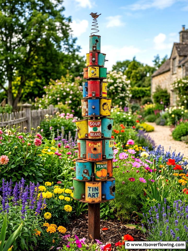 Stacked Garden Sculpture - 25 upcycled garden ideas with tin cans