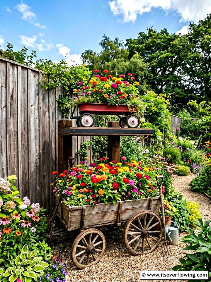Stacked Multi Tier Wagon Display - 25 upcycled garden ideas with old wagons