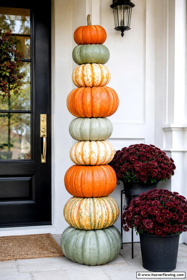 Stacked Pumpkin Entryway Tower - 50 Fall Pumpkin Decor Ideas for Cozy Autumn Homes Today