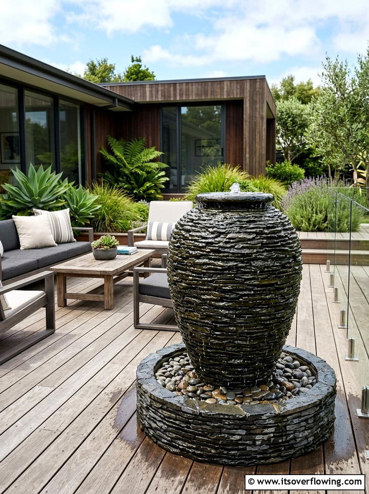 Stacked Slate Urn - 25 backyard ideas with fountain