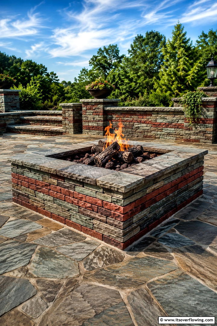 Stacked Stone and Brick Fire Pit - 30 Rustic Fire Pit Ideas for Cozy Outdoor Gatherings