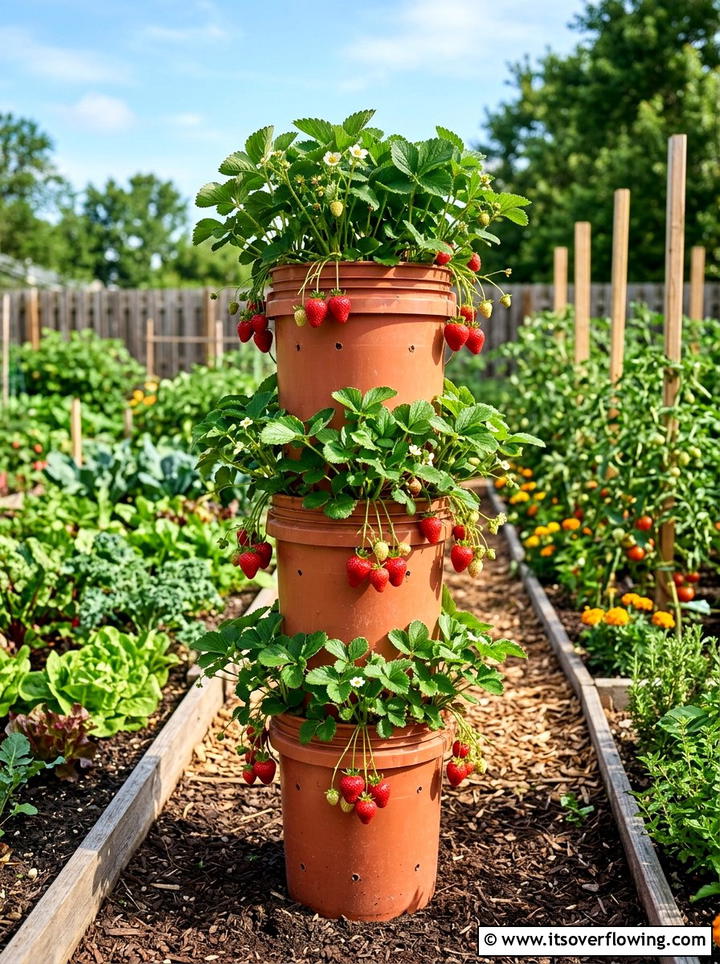Stacked bucket strawberry tower - 25 upcycled garden ideas with old buckets