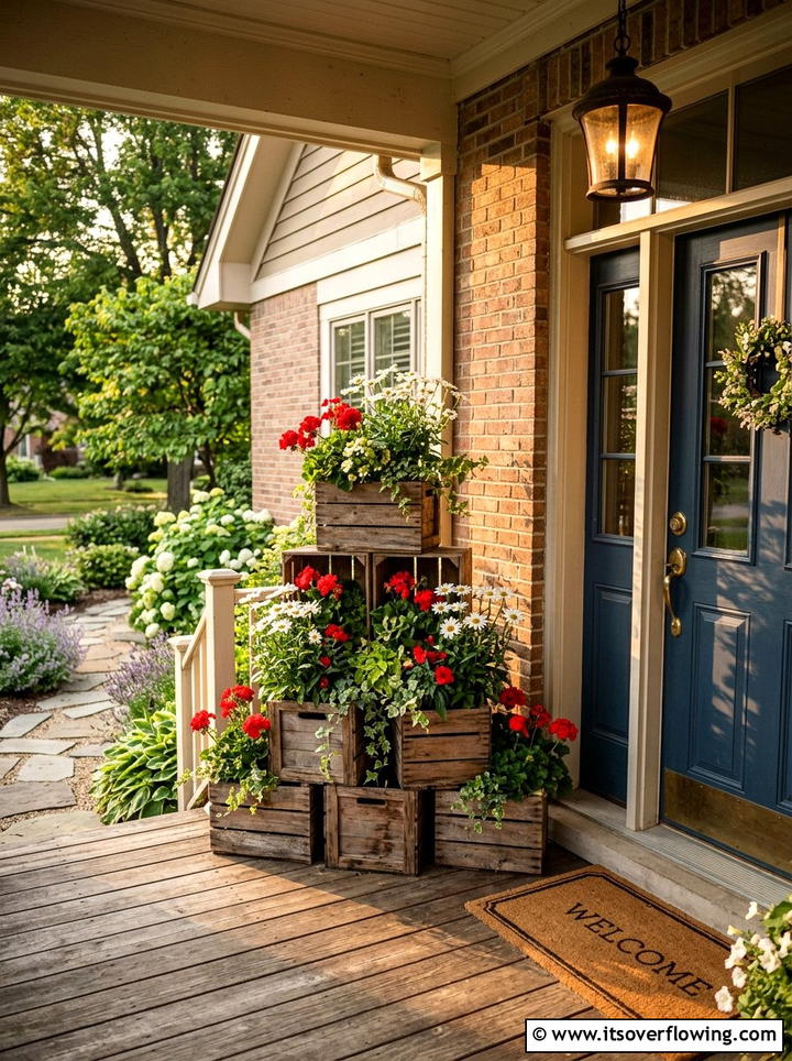 Stacked crate flower display - 25 garden ideas with old crates
