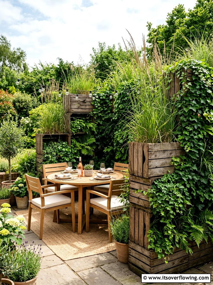 Stacked crate privacy screen - 25 garden ideas with old crates