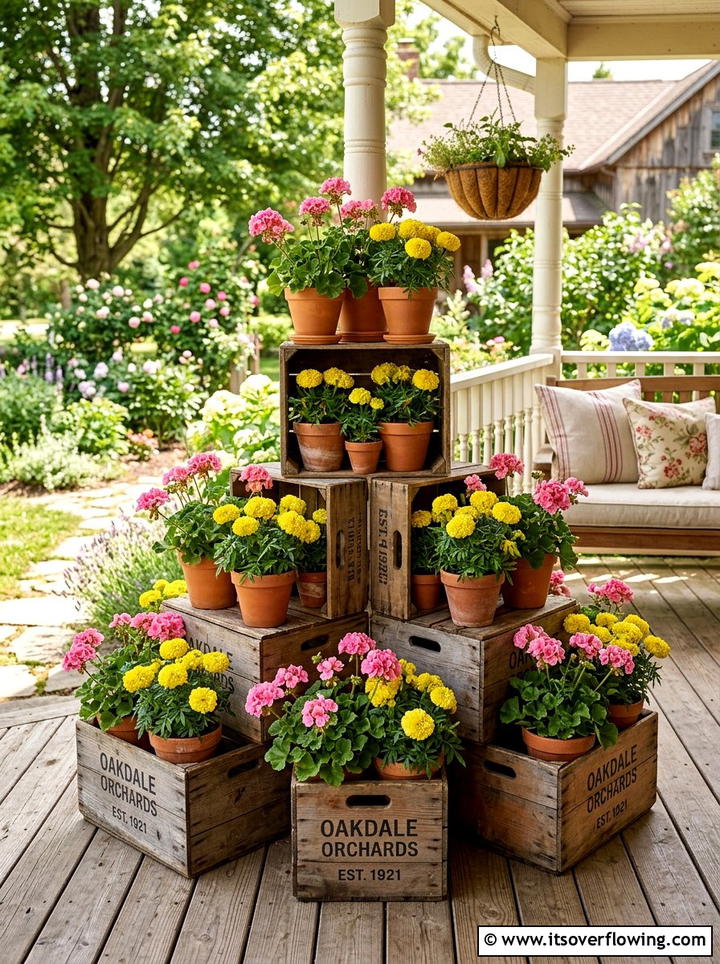 Stacked floral display - 25 front porch decor ideas with vintage crates