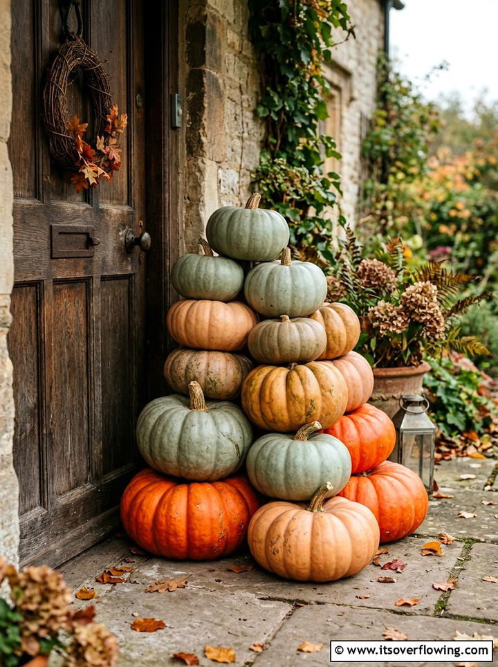 Stacked heirloom pumpkins - 25 front porch decor ideas with real pumpkins
